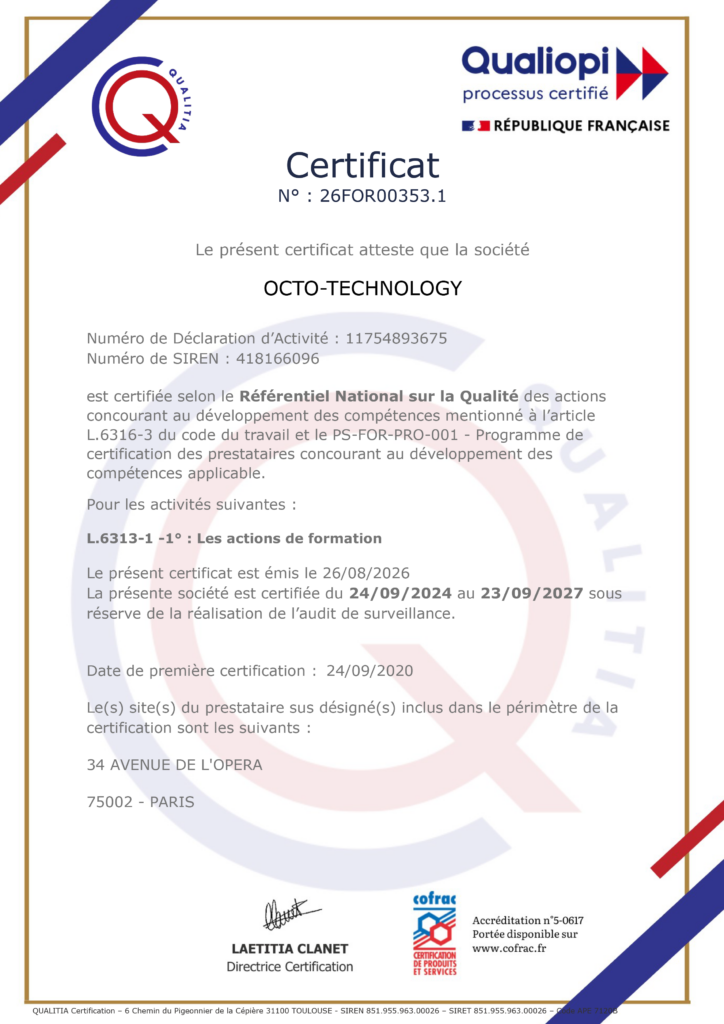 Qualiopi - Certificat de Conformité OCTO TECHNOLOGY - délivré par l'organisme certificateur QUALITIA